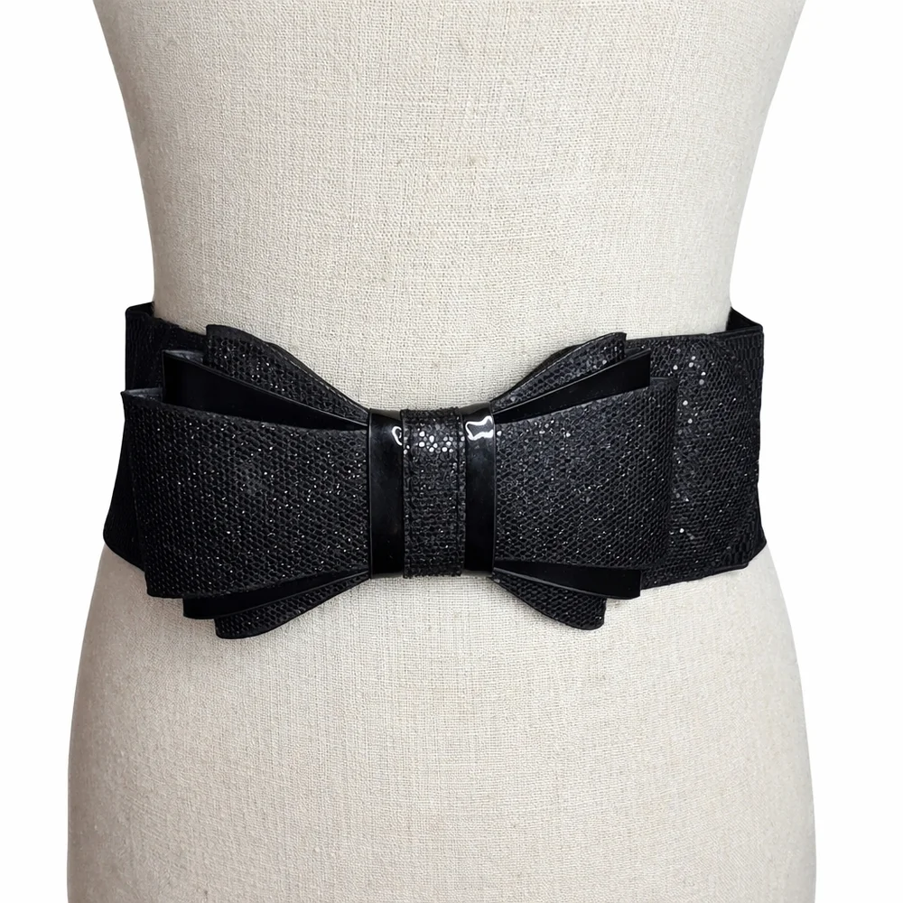 Vintage 1980s Black Bow Waist Belt – Wide Elastic Glam Statement Belt M/L - Picture 4 of 11